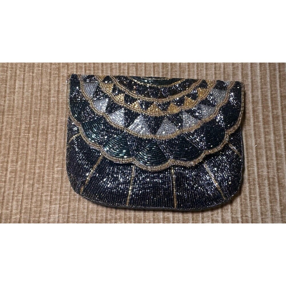 Evening Beaded Handbag Clutch Black Gold Silver Gold With Arm Strap